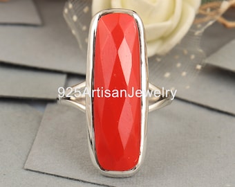 Red Coral Gemstone Ring: Handmade 925 Sterling Silver Boho Solitaire