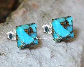 Natural Turquoise Stud Earrings, 925 Sterling Silver Earrings, Blue Copper Turquoise 8 MM Square Studs, Gemstone Earrings, Gift Ideas