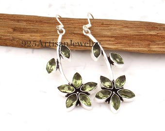 Peridot Dangle Earrings: Sterling Silver Boho Flower Earrings