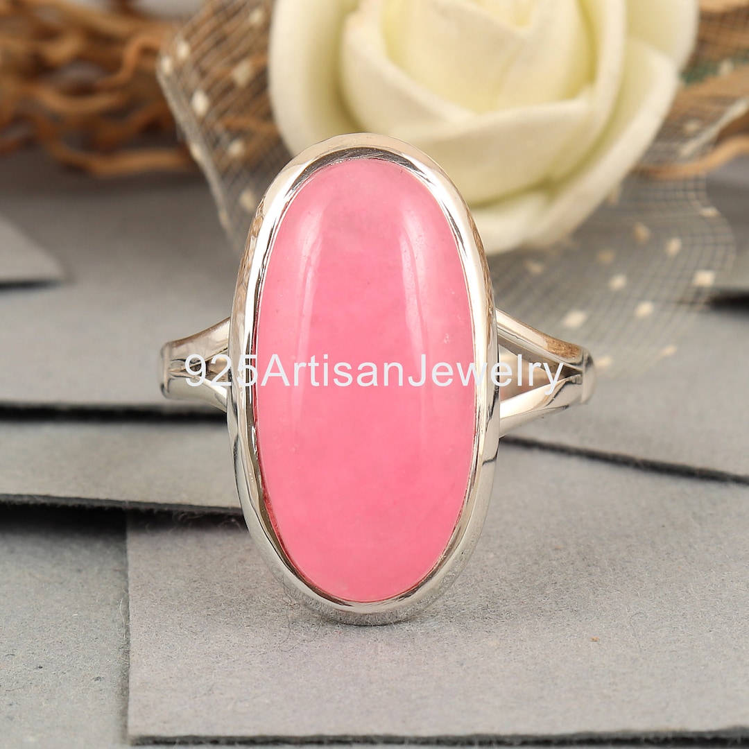 Handmade Sterling Silver Pink Jade Ring: Oval Gemstone, Wedding Jewelry ...
