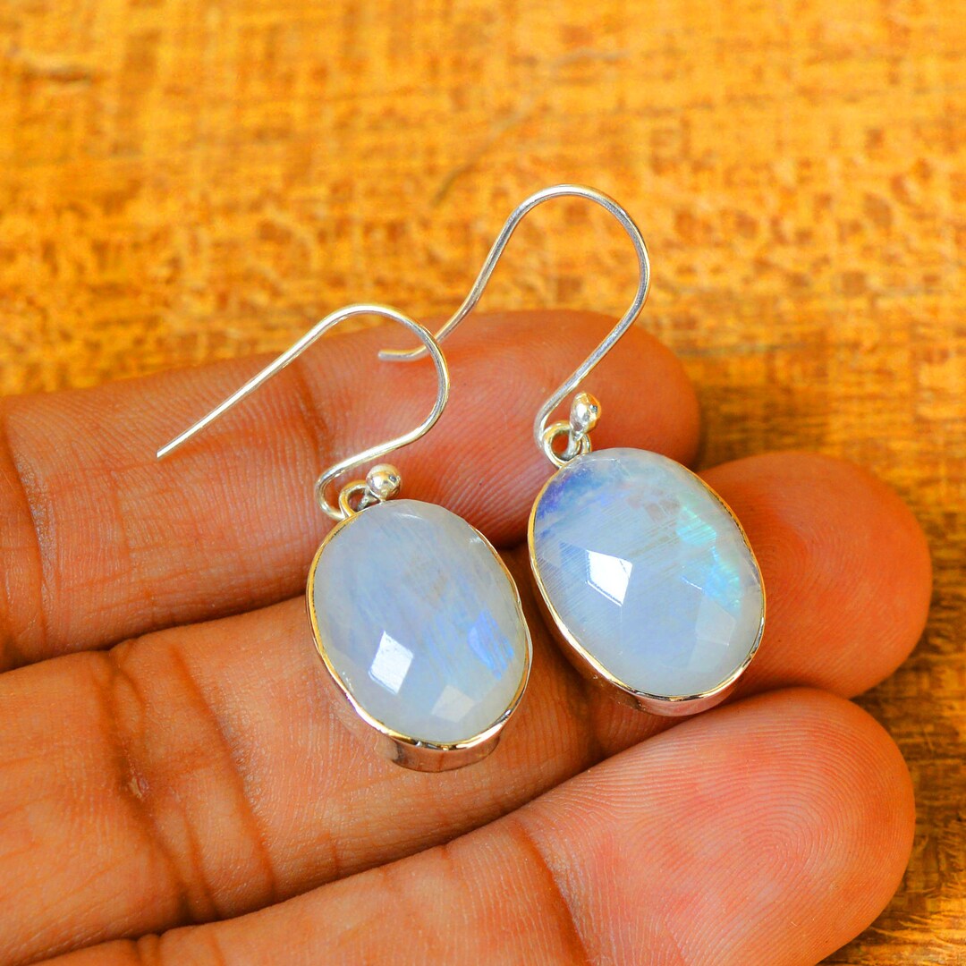 Blue Fire Rainbow Moonstone Earring, 925 Sterling Silver Earring,oval