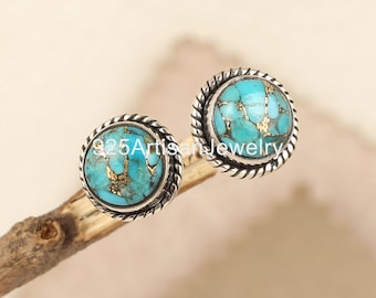 Sterling Silver Stud Natural Blue Copper Turquoise 10 MM Round Earring Daily Wear Studs For Unisex Handmade Gemstone Earring Sale