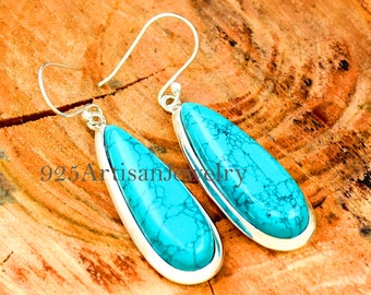 Blue Turquoise Long Drops Earrings | Turquoise Silver Earring | Teardrop Earrings | 925 Silver Earrings | Dangle Earrings | Gift For Women