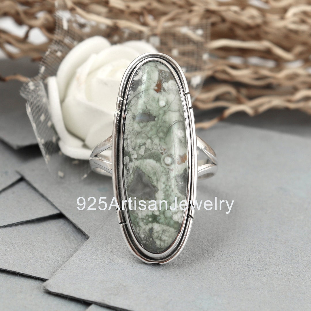 925 Oxidized Silver Ring, Rain Forest Ring, Big Oval Stone Ring ...