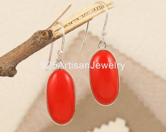 Oval Red Coral Gemstone Earring , Oval Shape Coral Earring , Dangle Bezel Silver Earring , 35th Anniversary Gifts for Women Earrings