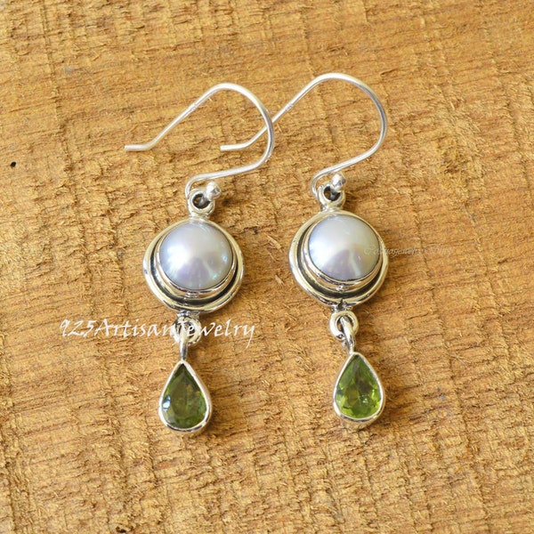 Organic Fresh Pearl Earrings, Natural Multi Gemstone 925 Silver Earrings, Handmade Earrings,Peridot Earrings, Boho Dangle Earring,Gift Women