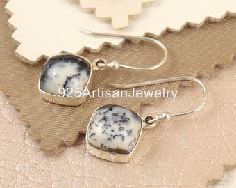 Handmade Dendrite Opal Earrings: Cushion 925 Sterling Silver Boho Jewelry
