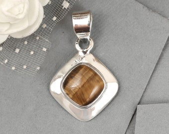 Tiger's Eye Minimalist Pendant / Handmade Sterling Silver Jewelry / Brown Stone Pendant / Cushion Shape Jewelry / Sterling Silver / On Sale