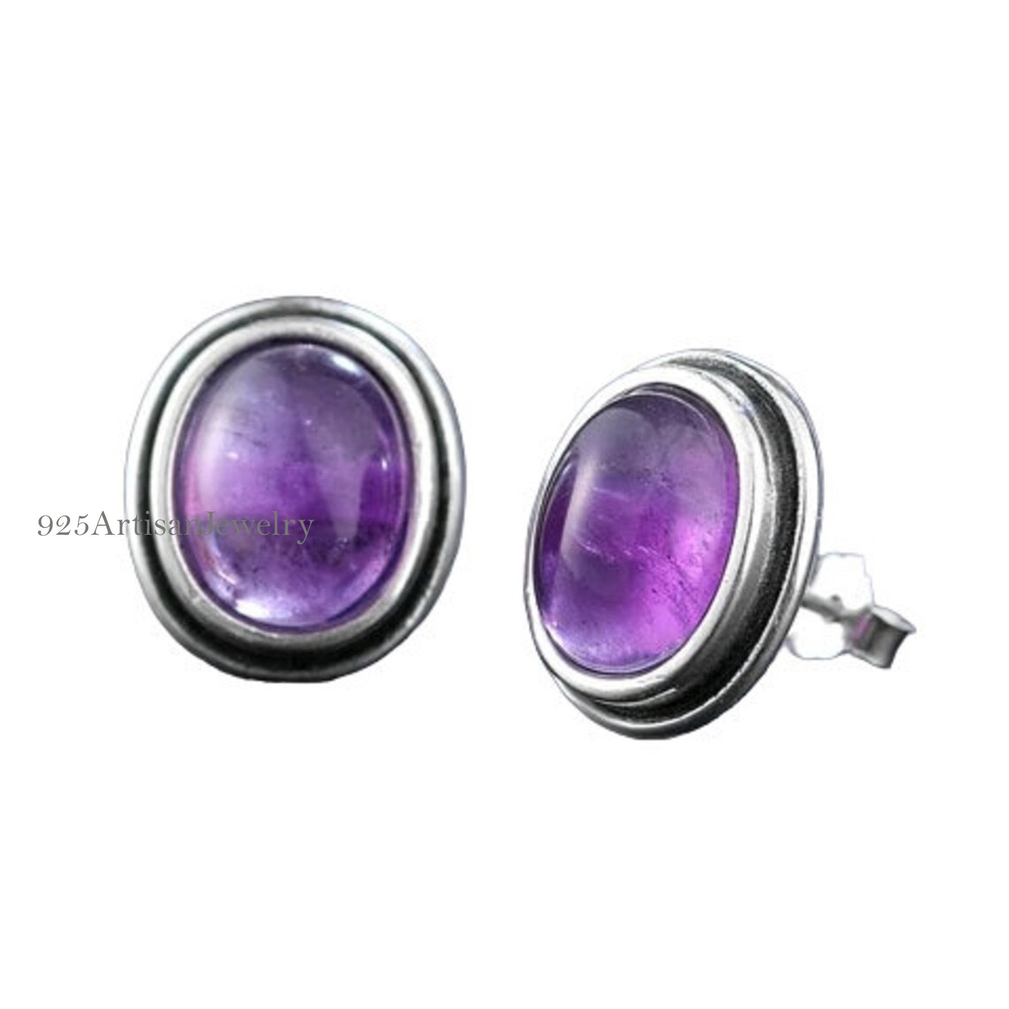 Sterling Silver Stud Natural Purple Amethyst 7X9 MM Oval Earring Amethyst Stud Daily Wear Studs For Unisex Handmade Gemstone Earring Sale