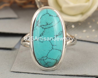 925 Sterling Silver, Sky Blue Turquoise Jewelry, Sleek Inlay Turquoise Ring , Handmade Bezel Rings ,Women Gift , Oval Turquoise Ring