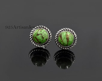 Sterling Silver Stud Natural Green Copper Turquoise 10 MM Round Earring Daily Wear Studs For Unisex Handmade Gemstone Earring Sale On
