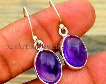 Amethyst Sterling Silver Earrings: Oval Gemstone Dangle Earrings