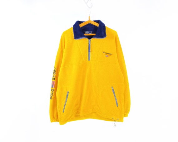 BadFiShShop Vintage Polo Sport Ralph Lauren Fleece Yellow Oversize Men's Size XL Authentic 1/4 Zip Sweater 90s Retro Winter Outdoor Sports Streetwear