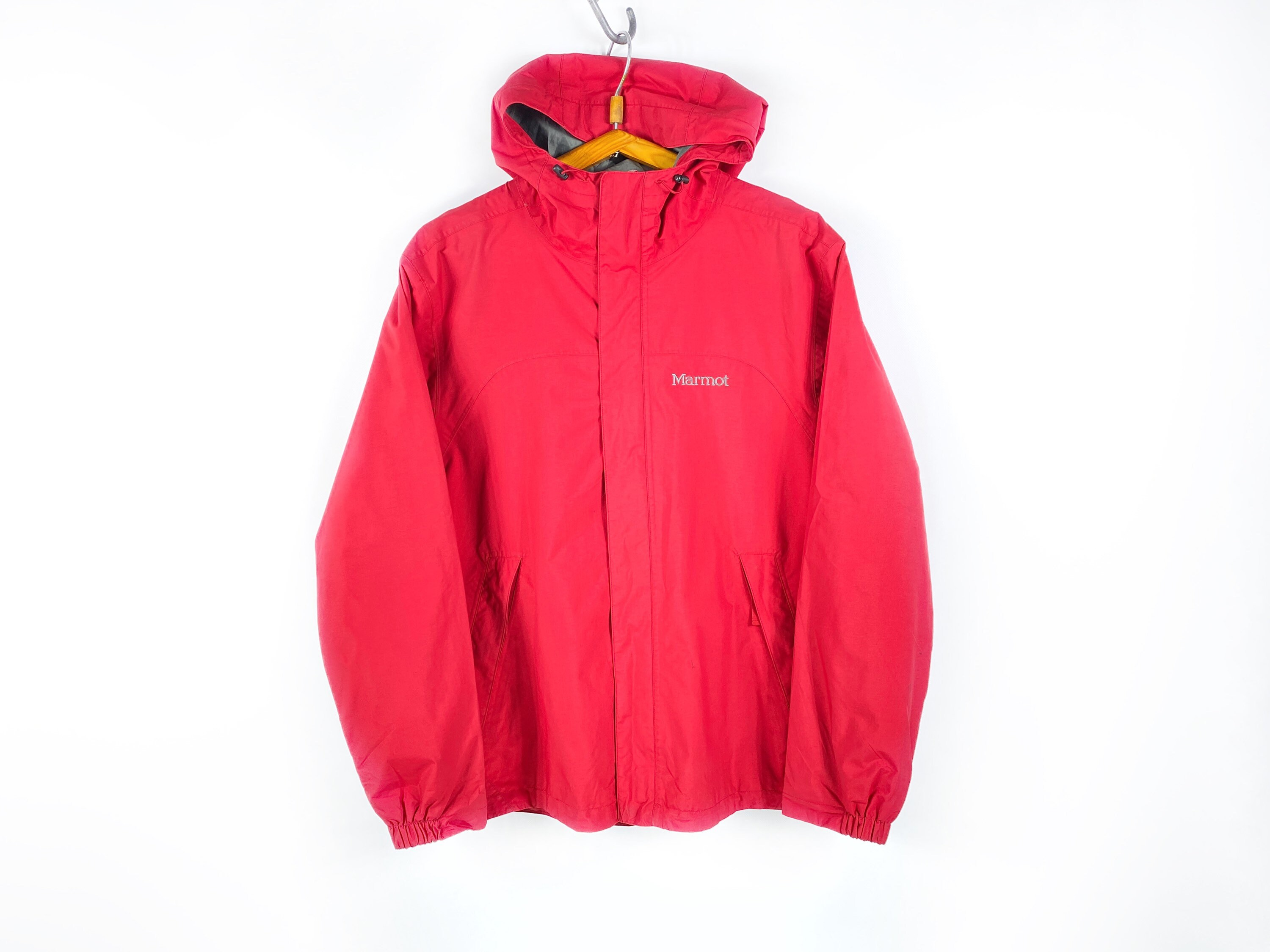 Rare Marmot Windbreaker Rain Jacket Red Zip Up Mens Size M Hooded Nylon Coat PreCip Retro Hip Hop Hippie Streetwear Track Style Casual Rave