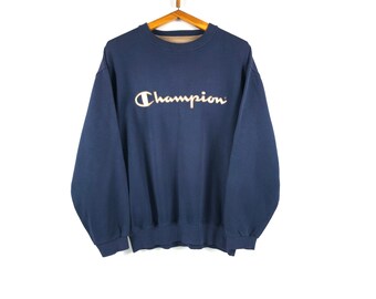 BadFiShShop Vintage Champion USA Big Logo Sweatshirt Size L Men's Blue Long Sleeve Sport Jumper Retro Rare Rave Hipster Authentic 90s Activewear Casual