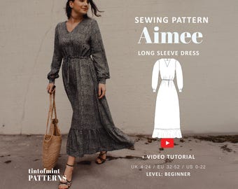 May include: A woman wearing a long-sleeved, patterned dress with a V-neck and a ruffled hem. The dress is cinched at the waist. The image includes text that reads "SEWING PATTERN Aimee LONG SLEEVE DRESS" and "+ VIDEO TUTORIAL".