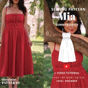 May include: A red midi dress with a small white floral pattern, featuring thin shoulder straps, a gathered bodice, and a full skirt. The image includes text: SEWING PATTERN Mia SUMMER DRESS, + VIDEO TUTORIAL, UK 4-24, EU 32-52, US 0-22, LEVEL: BEGINNER.