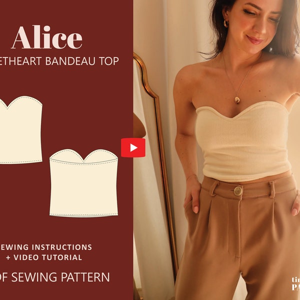 Alice Sweetheart Bandeau Crop Top Digital Pattern // UK 4-24, US 0-20 //  PDF Sewing Patterns