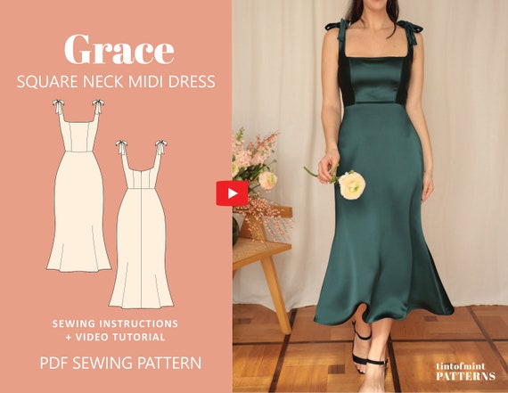 Grace Square Neck Dress PDF Sewing Pattern Instant Download US 0 20 UK 4 24 Beginner Friendly Etsy Canada
