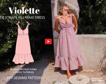 Violette Cami Tie Straps Maxi Dress Digital Pattern // UK 4-24, US 0-20 //  PDF Sewing Patterns