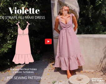 Robe longue violette à bretelles avec bretelles et caraco // Patron numérique 4-24 UK, 0-20 US // Patrons de couture PDF