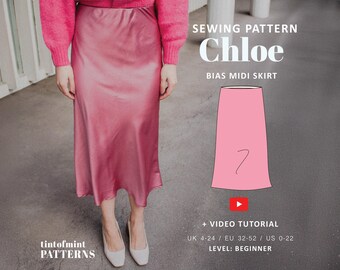 Chloé Bias Satin Gonna Midi Modello Digitale // UK 4-24, US 0-20 // Modelli di Cucito PDF