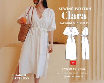 Clara Wrap Midi Batwing Dress Digital Pattern // UK 4-24, US 0-20 //  PDF Sewing Patterns