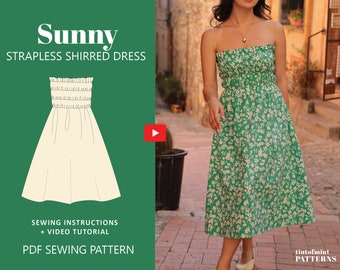 Sunny Shirred Strapless Summer Midi Dress Digital Pattern // UK 4-24, US 0-20 //  PDF Sewing Patterns