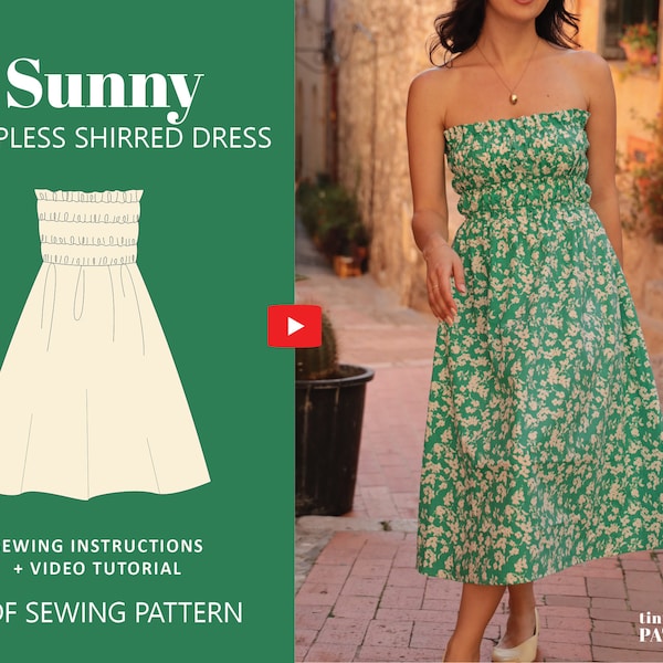 Sunny Shirred Strapless Summer Midi Dress Digital Pattern // UK 4-24, US 0-20 //  PDF Sewing Patterns