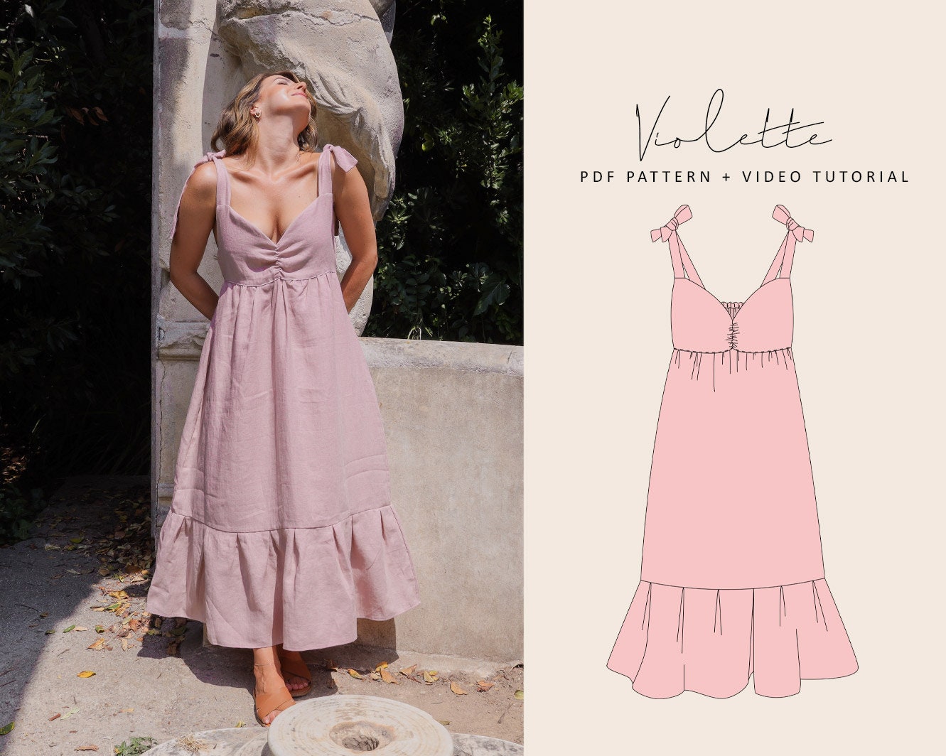 Violette Cami Tie Straps Maxi Dress Digital Pattern // UK 4-24, US 0-…