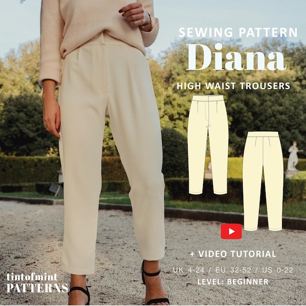 Diana High Waisted Trousers Digital Pattern // UK 4-24, US 0-20 //  PDF Sewing Patterns