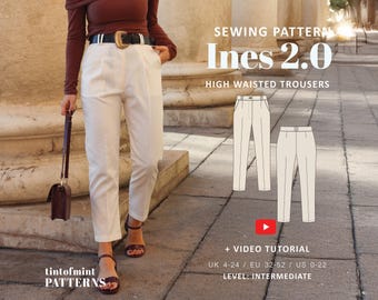 Ines High Waisted Trousers Digital Pattern // UK 4-24, US 0-20 //  PDF Sewing Patterns