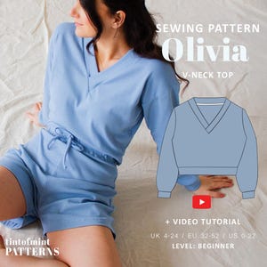 Padrão de costura para blusa lounge com decote em V Olivia: malha de manga comprida (padrão em PDF)