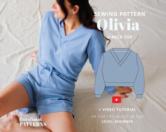 Olivia V-Neck Lounge Top Sewing Pattern: Long Sleeve Knit (PDF Pattern)