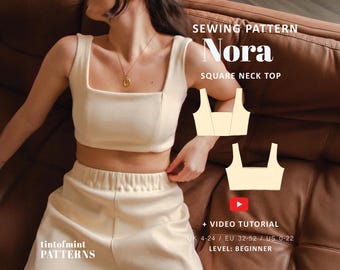 Nora Square Neck Lounge Crop Top Digital Pattern // UK 4-24, US 0-20 //  PDF Sewing Patterns