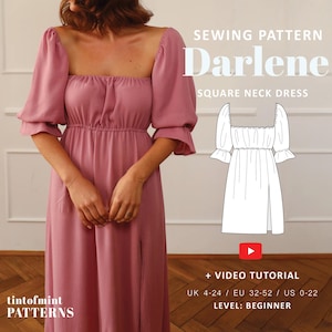 Darlene Square Neck Puff Sleeves Dress Digital Pattern // UK 4-24, US 0-20 //  PDF Sewing Patterns