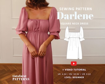 Darlene Square Neck Puff Sleeves Dress Digital Pattern // UK 4-24, US 0-20 //  PDF Sewing Patterns