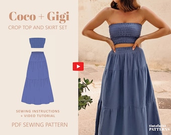 Coco Shirred Crop Top + Gigi Tiered Maxi Skirt Digital Patterns Set // UK 4-24, US 0-20 //  PDF Sewing Patterns