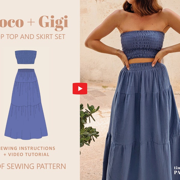 Coco Shirred Crop Top + Gigi Tiered Maxi Rock Digitale Schnittmuster Set // UK 4-24, US 0-20 // PDF Schnittmuster