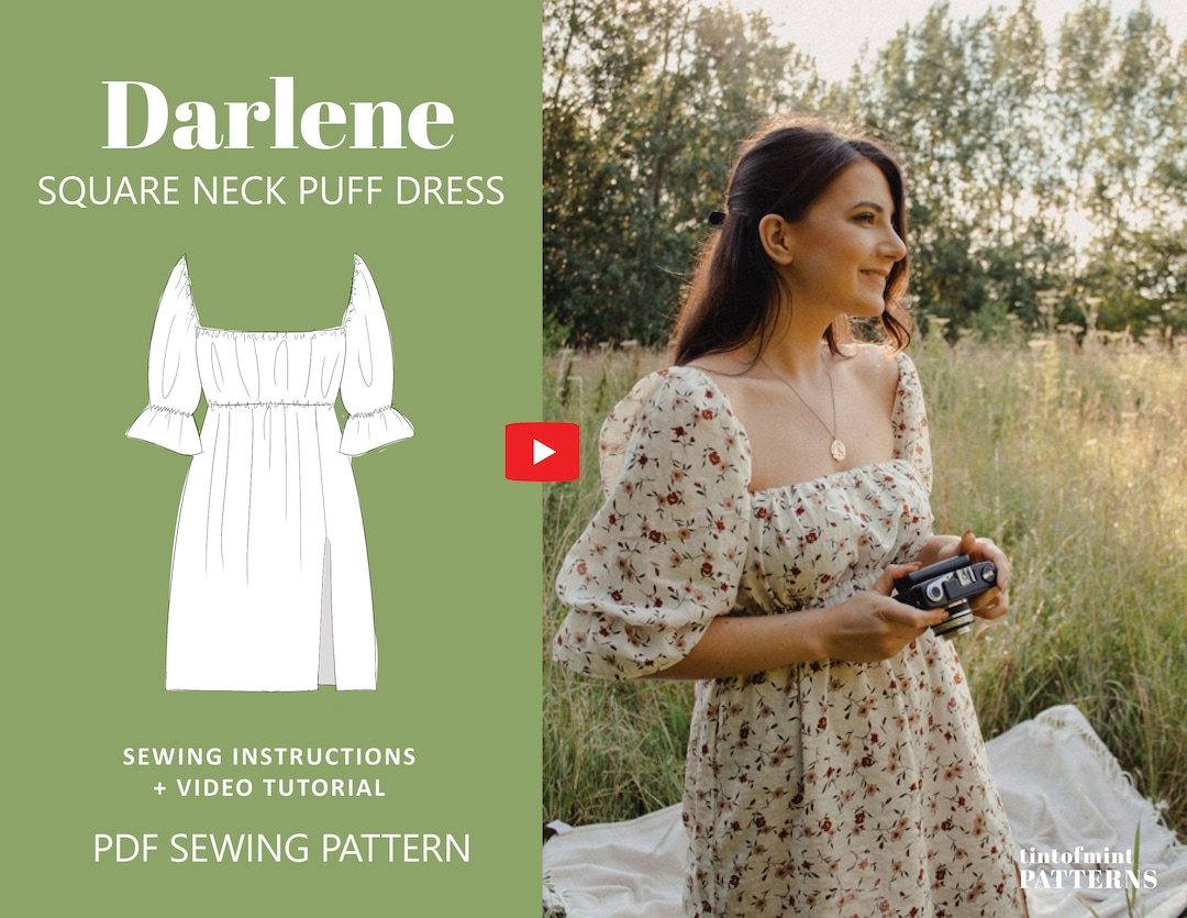 Darlene Square Neck Puff Sleeves Dress Digital Pattern // UK 4-24, US 0 ...
