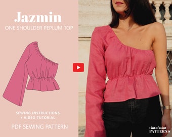 Jazmin One Shoulder Peplum Top Digital Pattern // UK 4-24, US 0-20 //  PDF Sewing Patterns
