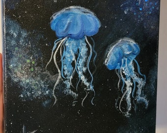 絵画　クジラ　宇宙　クラゲ 絵画 クジラ 宇宙 クラゲ 星空のクジラ 絵画24x24cm 【 青の世界