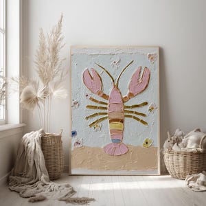 Pastellfärgad hummer utskrivbar väggkonst - söt kustnära barnrumsdekor, strandig lantlig stil, texturerade snäckaccenter, digital nedladdning 1353