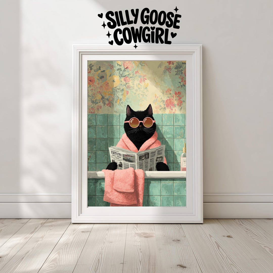 Funny Black Cat Bathroom Wall Art, Cat Reading Newspaper Print, Quirky ...