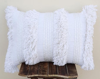 Indian Handmade Pillow Tufted Textured Cotton & Acrylic White Boho Textured Pillowcase With Zipper