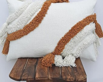 Camel Brown & Ivory Cotton Cushion | Embroidered Tufted Pillow | Boho Fringe Lumbar Pillow Cover | Modern Accent Pillow Case