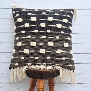 Black & Ivory Tufted Pillow | Woven Cotton Cushion Case | Decorative Throw Pillow | Tassel Pillow Cover | Hand Loom Jute Bohemian Pillow