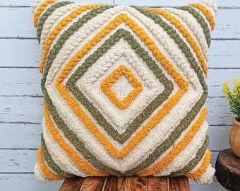 Mustard Yellow & White Pillowcase/ Bohemian Cotton Textured Sofa Decor Throw/ Knitted Pillow/ Embroidered Cushion Case