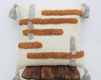 Handcraft Cotton Cushion Cover, Tufted Textured Boho Pillow with Tassels