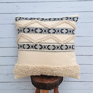 Bohemian Black and White Woven Textured Cotton Cushion Cover - Indian Handmade Pillowcase and Cotton Jacquard Decor for Stylish Home Decor